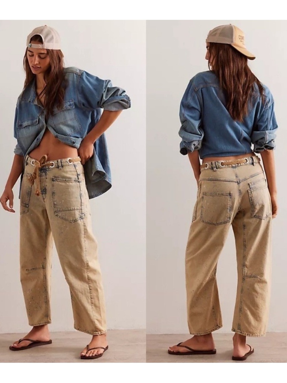 We The Free Moxie Pull-On Barrel Jeans in Cowboy Khaki Paint Splatter Sz 28L NWT
